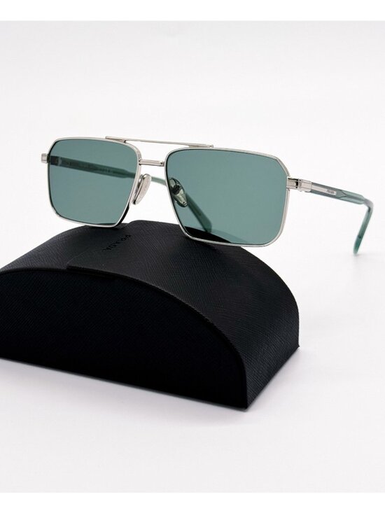 New Prada Silver Green Square Unisex Sunglasses PRA57S 1BC10G main image 5